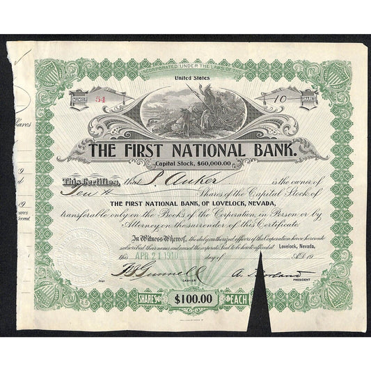 First National Bank of Lovelock, NV 1910 Stock Certificate to Peter Anker * #54