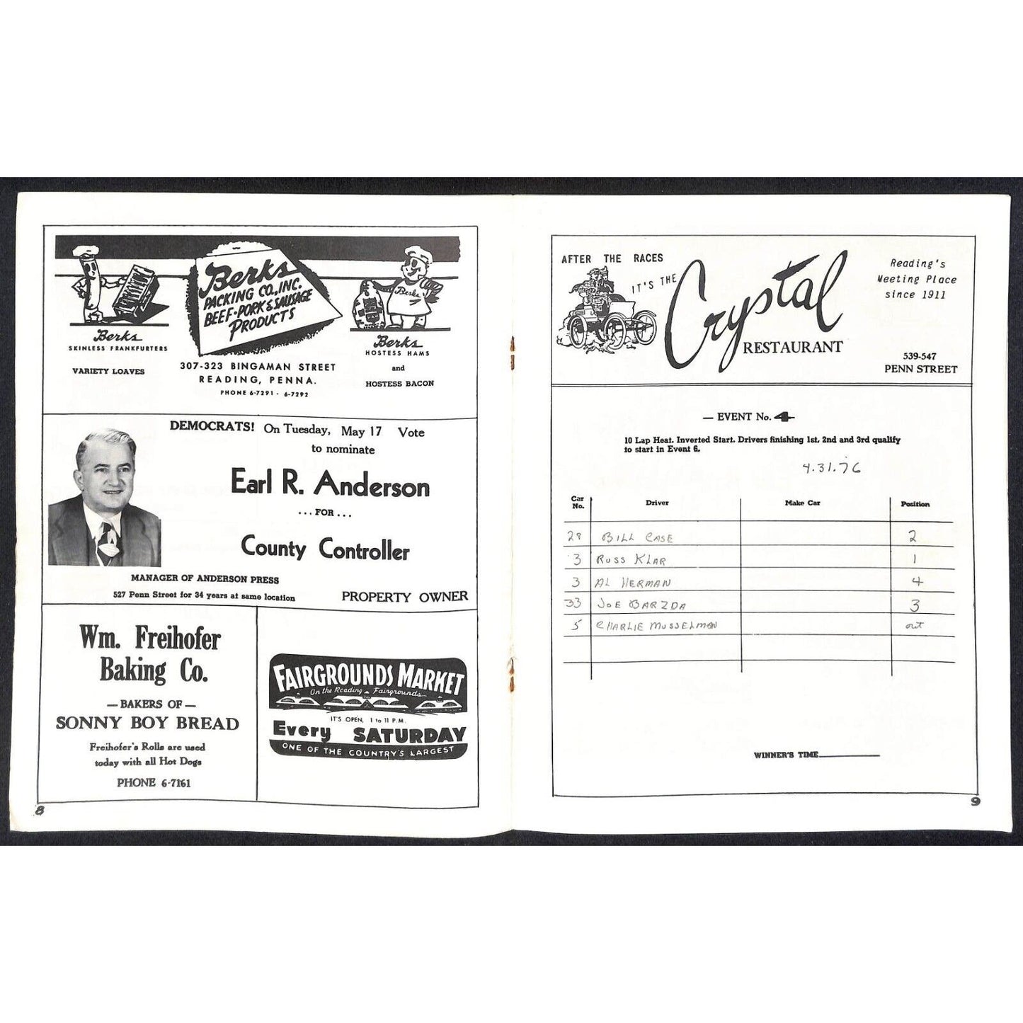 Reading Fairgrounds 1955 Auto Races AAA Racing Program 12pp* VGC Scarce
