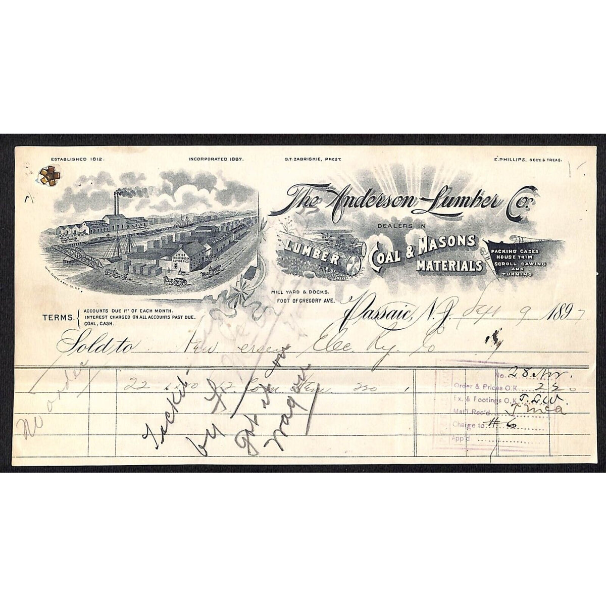 The Anderson Lumber Co. Passaic, NJ Coal Mason's Materials Billhead Scarce VGC