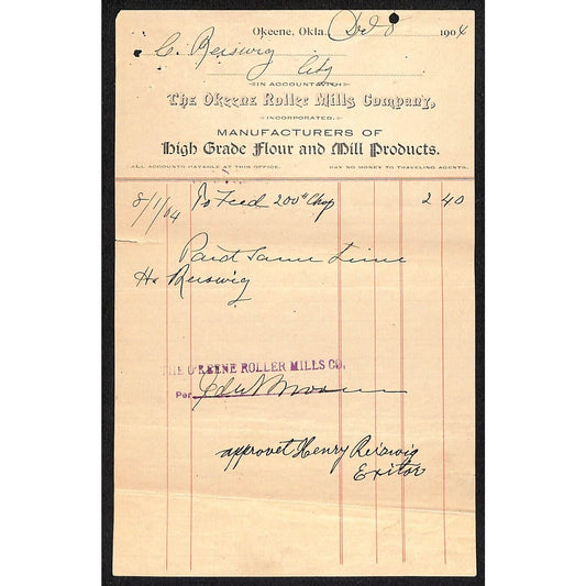 1904 Okeene Roller Mills Co. Flour OK Indian Territory Billhead Scarce