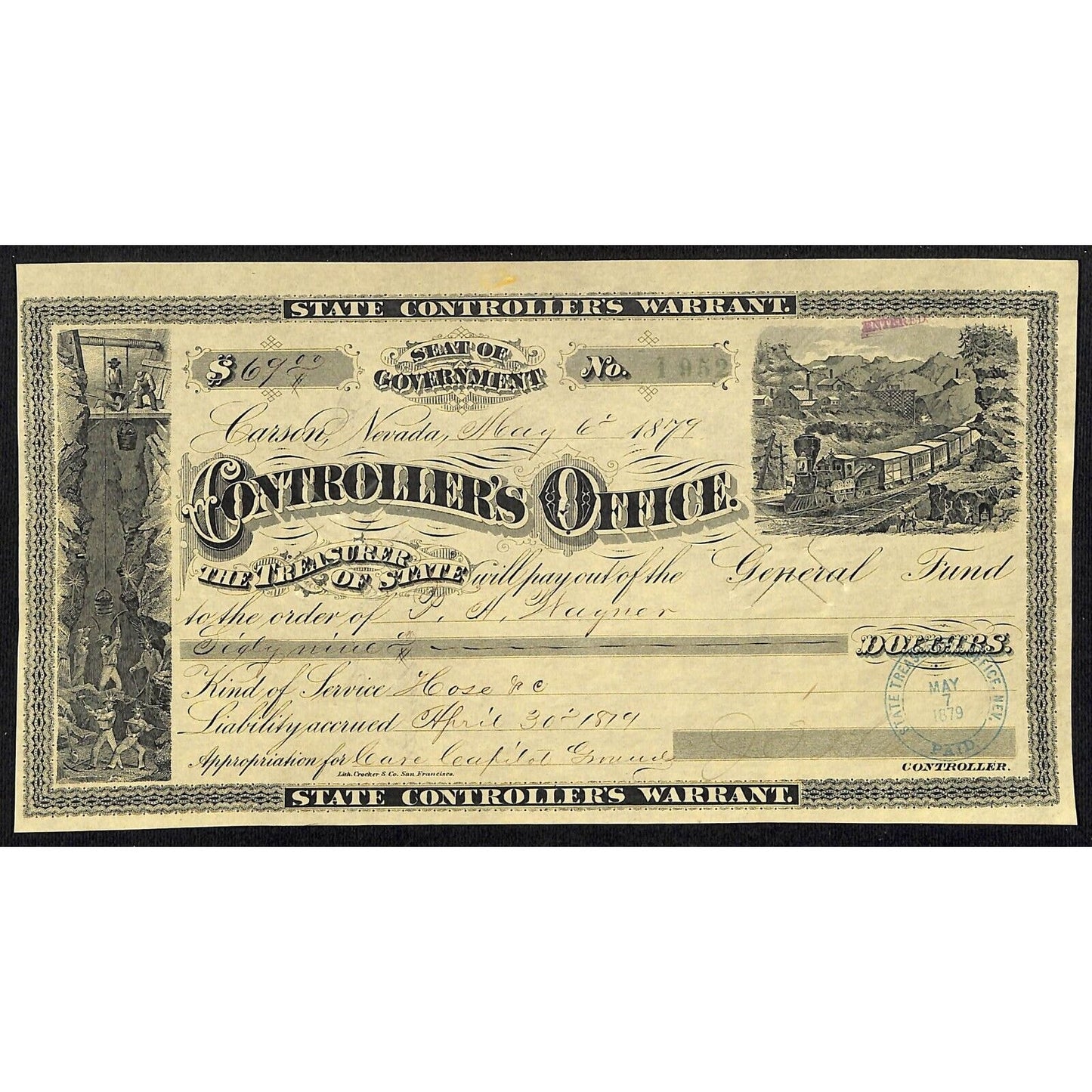 1879 Carson Nevada State Controller's Warrant P.A. Wagner for Hose?