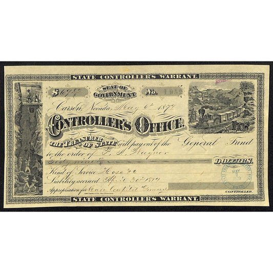 1879 Carson Nevada State Controller's Warrant P.A. Wagner for Hose?