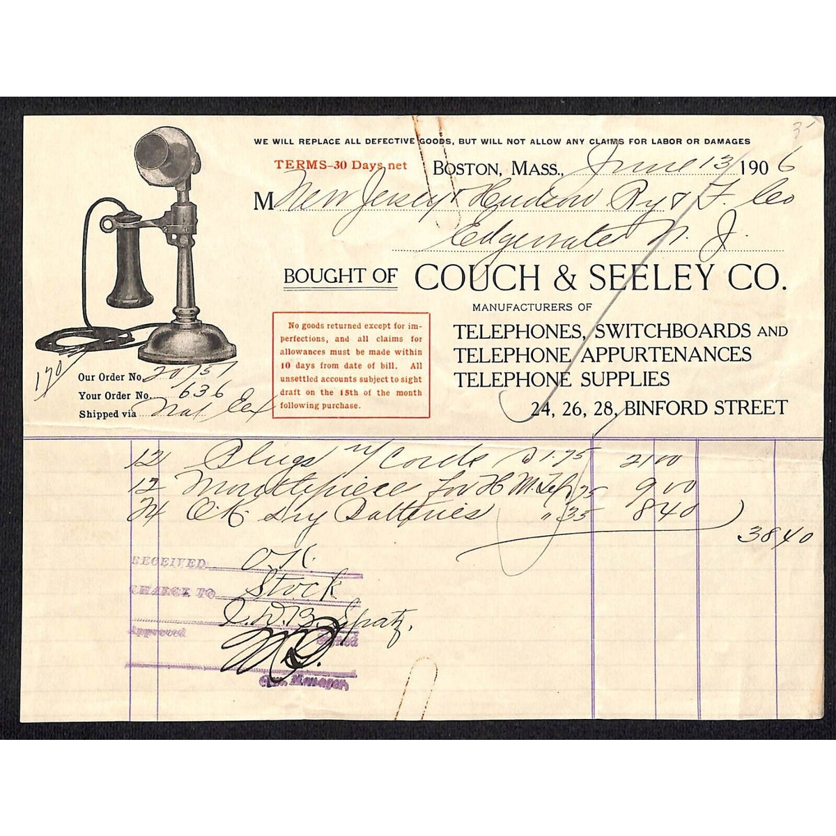 Couch & Seely Co. Telephones 1906 Billhead to N.J. & Hudson River Ry & Ferry Co.