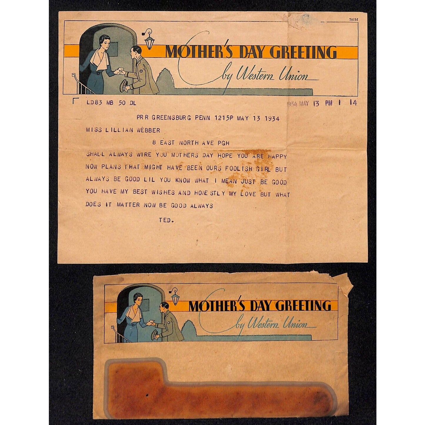 1934 Mother's Day Western Union Message Sheet / Cover Set Deco Scarce
