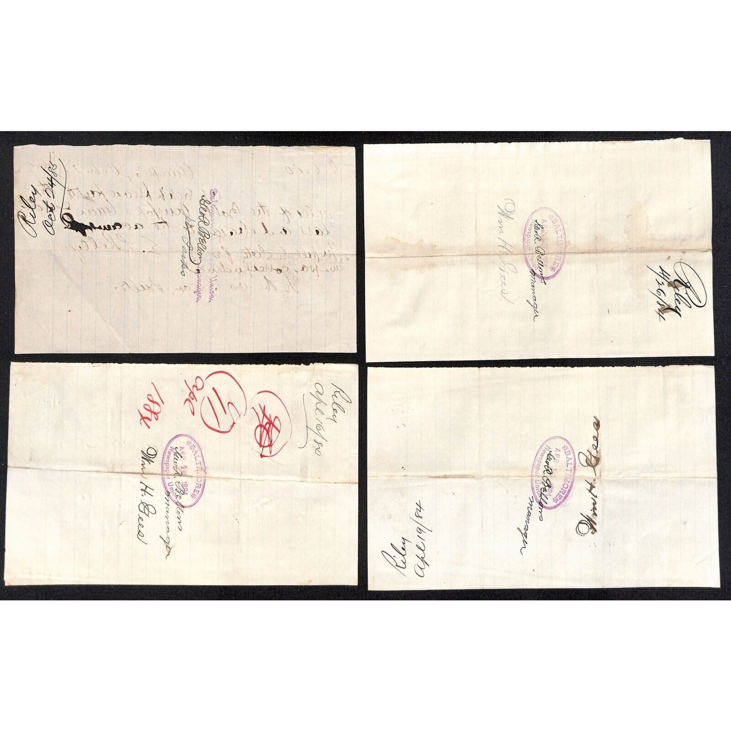 10 1884-85* Receipts for "The American, Balto" Newspaper (Baltimore American ?)