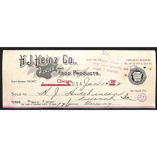 H.J Heinz Co. Pickles Chicago HJ Hutchinson Decorah IA* Cut 1890's 1902 Billhead