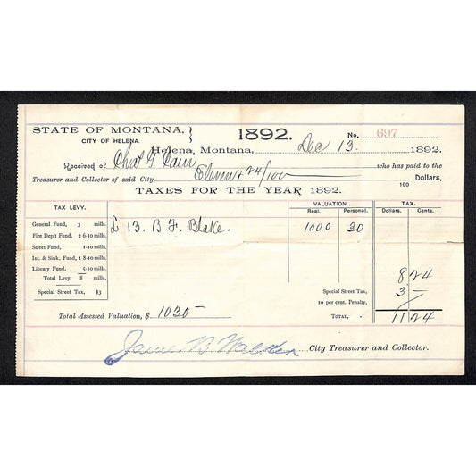 1892 Helena, State of Montana Tax Levy Worksheet / Form w/ Mill Rates Scarce