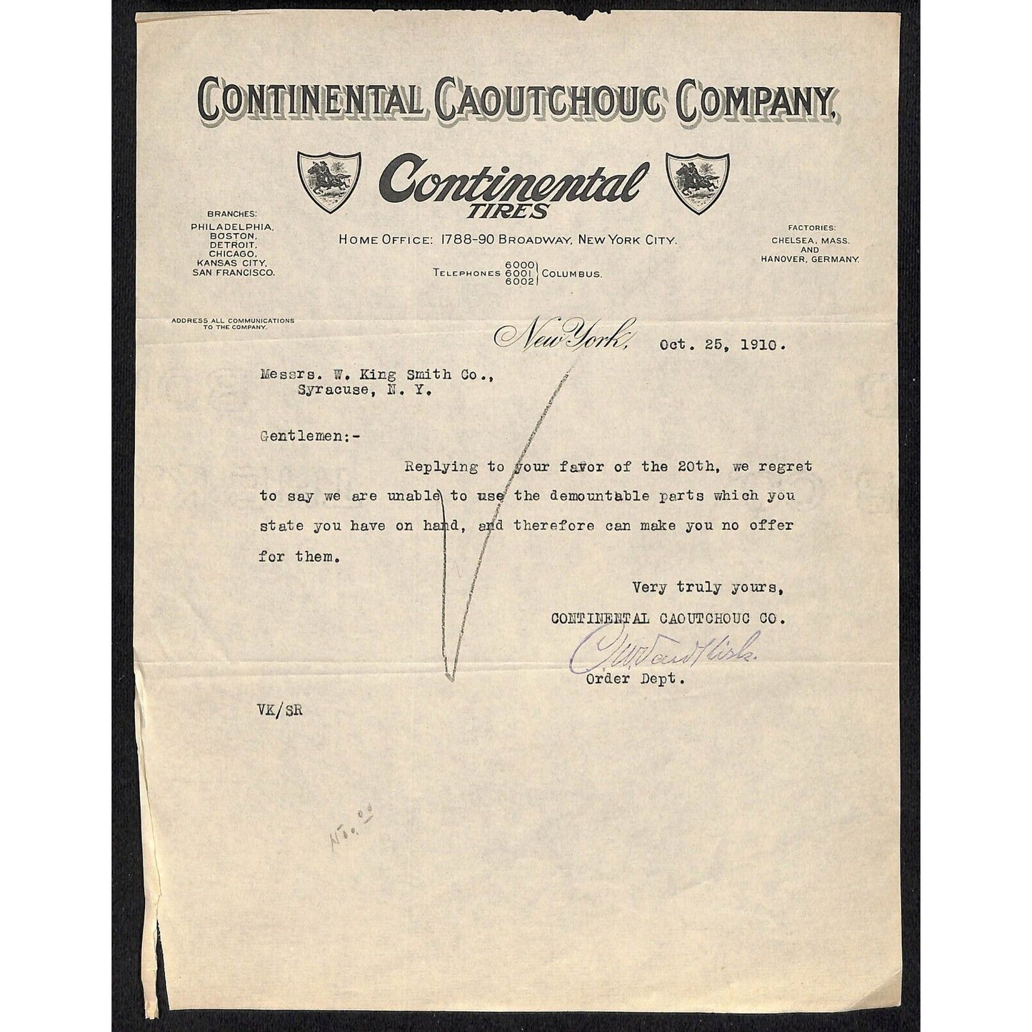 Continental Caoutchouc Co. / Continental Tires 1910 Letterhead Broadway NYC