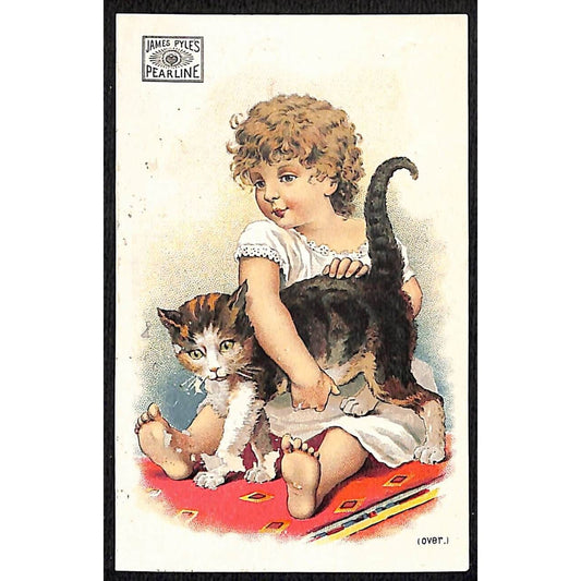 James Pyle's Pearline Washing Compound Victorian Trade Card Girl Holding Cat