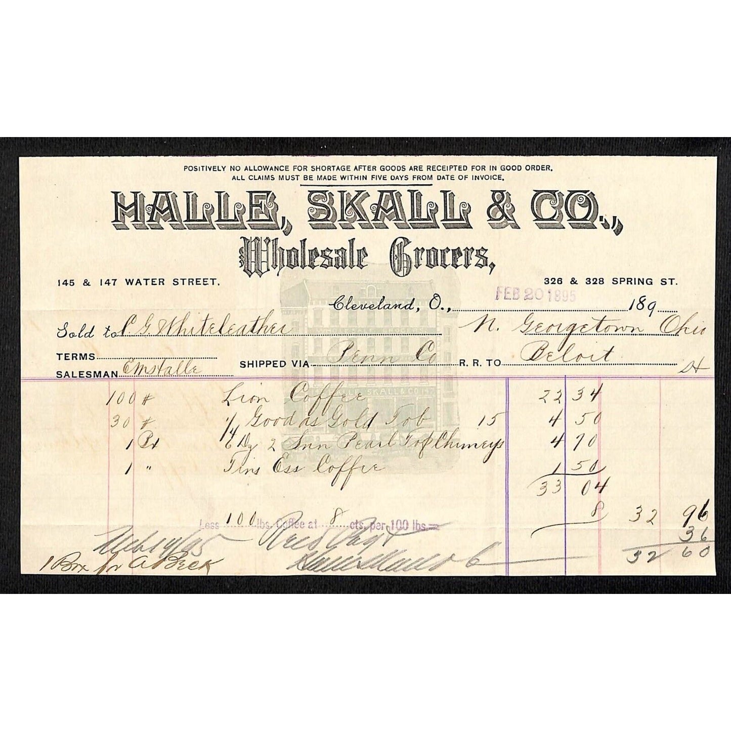 Halle, Skall & Co Grocers Cleveland Billhead 1895 Whiteleather* N. Georgetown OH