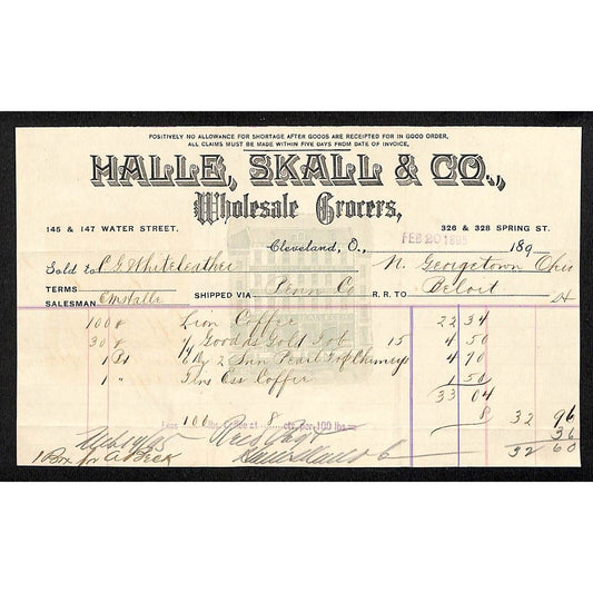 Halle, Skall & Co Grocers Cleveland Billhead 1895 Whiteleather* N. Georgetown OH
