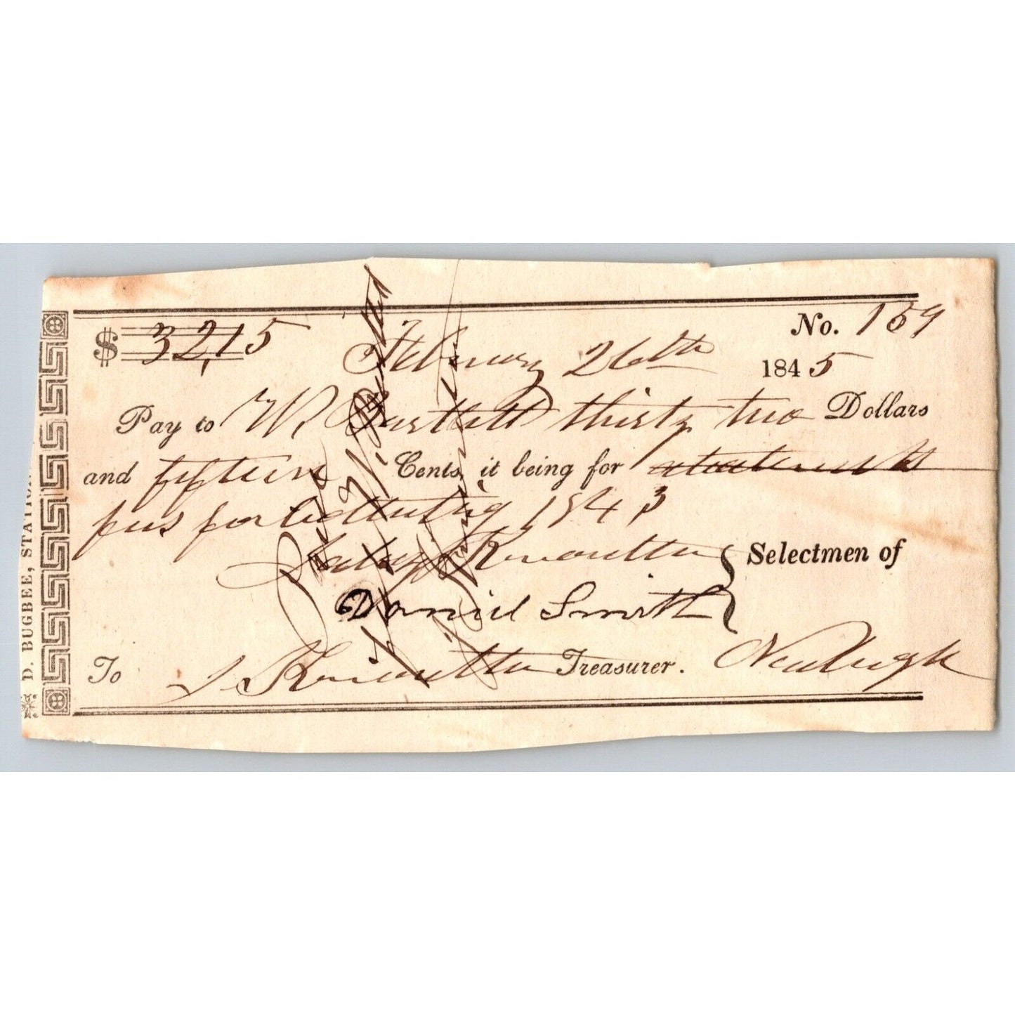 1845 Jabez Knowlton* Newburgh ME Town Check "M.R. Bartlett" ?