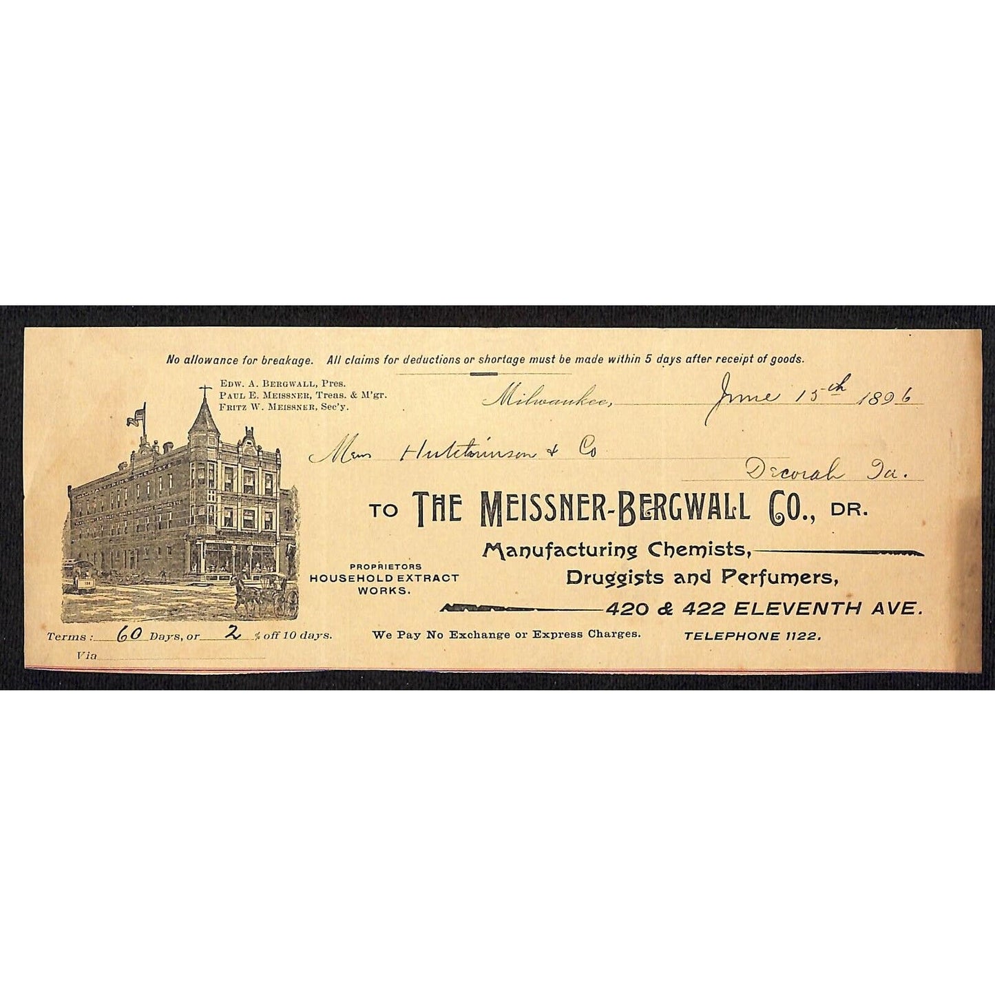 Meissner Bergwall Co Milwaukee Chemists Hutchinson Decorah IA* Cut 1896 Billhead