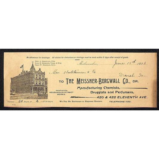 Meissner Bergwall Co Milwaukee Chemists Hutchinson Decorah IA* Cut 1896 Billhead