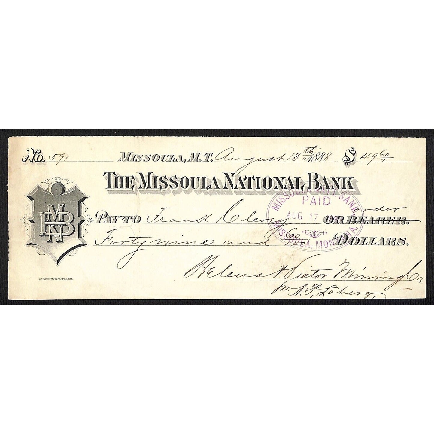 1888 Missoula National Bank Montana Territory Check Helena & Victor Mining #591
