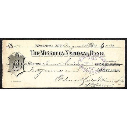 1888 Missoula National Bank Montana Territory Check Helena & Victor Mining #591
