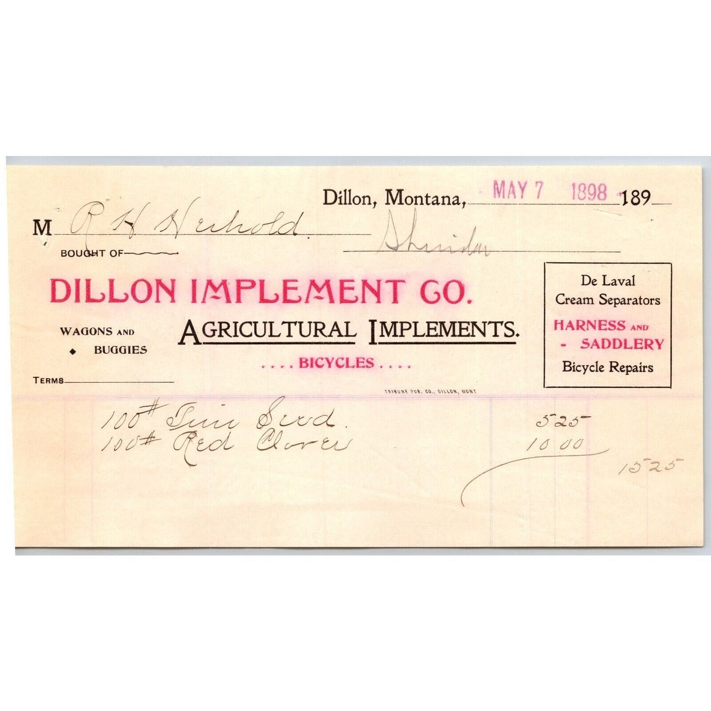 Dillon, MT Dillon Implement Co. Agricultural Bicycles De Laval 1892 Billhead
