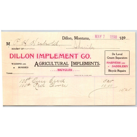 Dillon, MT Dillon Implement Co. Agricultural Bicycles De Laval 1892 Billhead