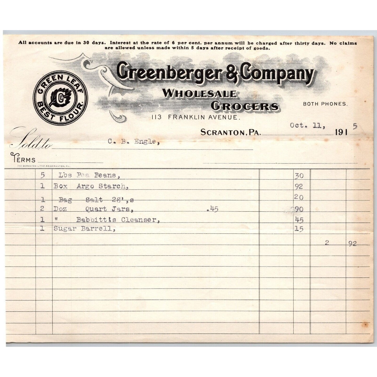 Scranton, PA Greenberger & Co. Grocers 1915 "C.B. Engel" Billhead - Argo Starch