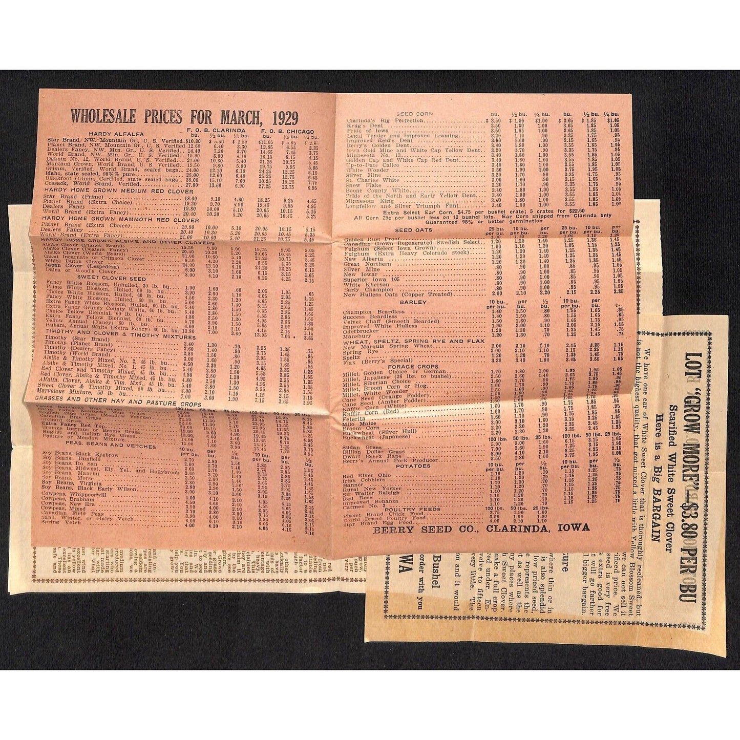 1929 Berry Seed Co. Clarinda, IA Letterheads, Product, Price Sheets & Packets