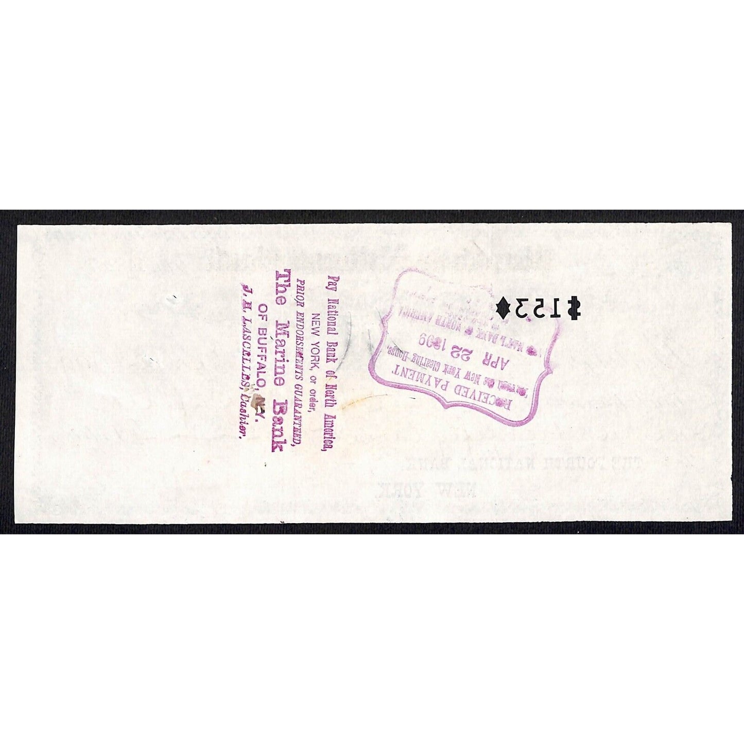 Merchants National Bank Burlington, VT 1899 Bank Check Marine Bank of Buffalo