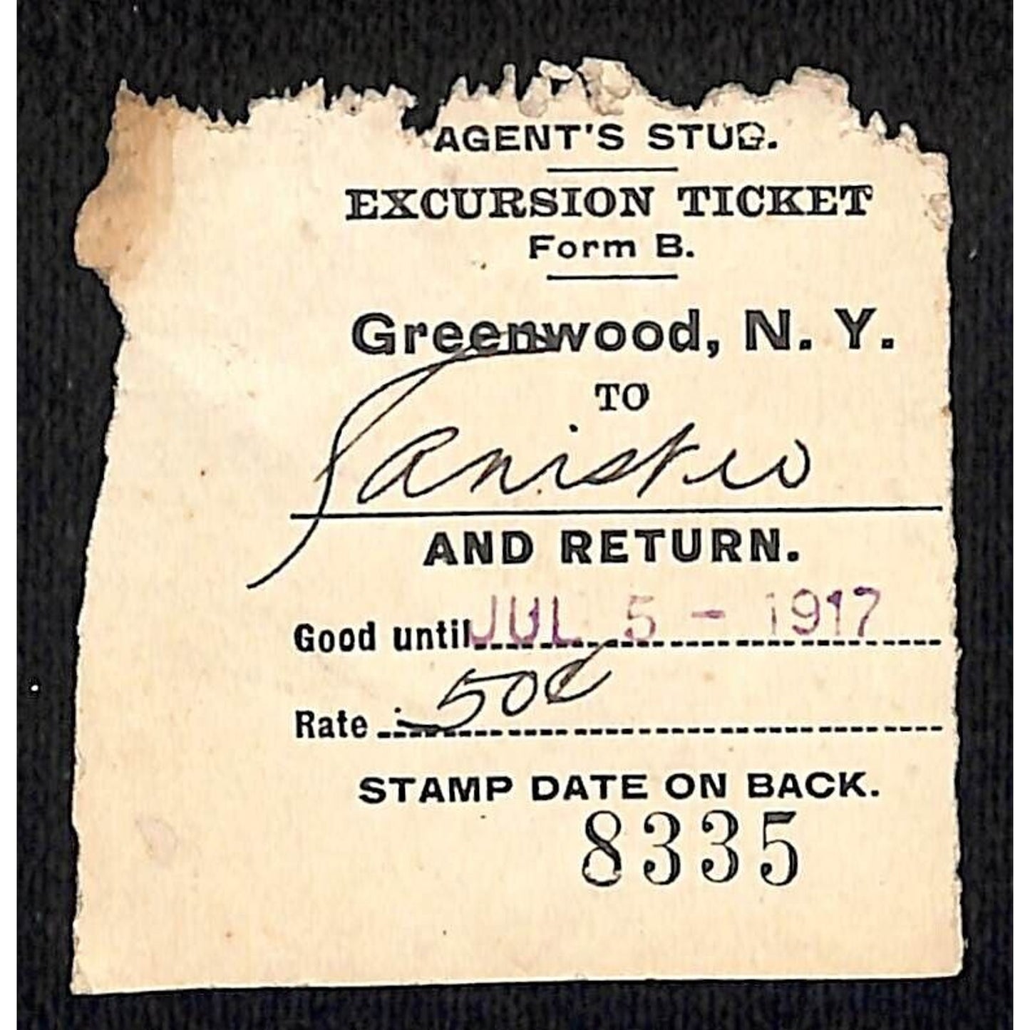 New York & Pennsylvania Ry 1917 Greenwood, NY Excursion Ticket Stub #8345
