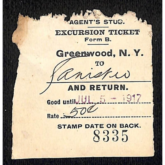 New York & Pennsylvania Ry 1917 Greenwood, NY Excursion Ticket Stub #8345