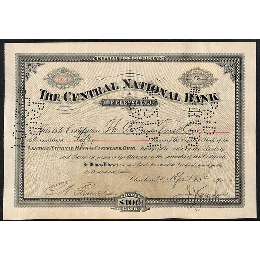 Central National Bank of Cleveland 1900 Stock Certificate to The Cleveland Trust
