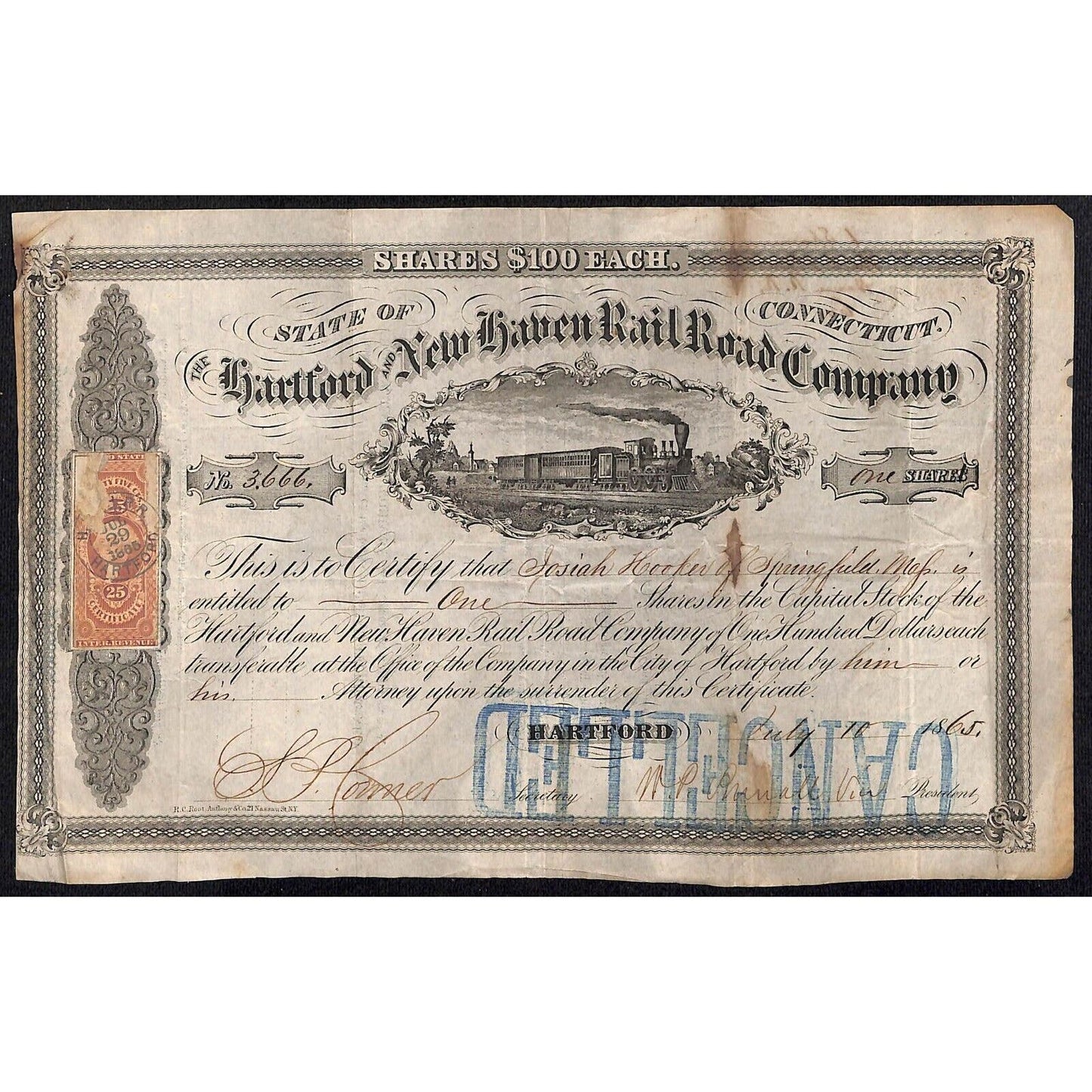 Hartford and New Haven RR 1865 Stock Certificate to: "Josiah Hooker" Springfield