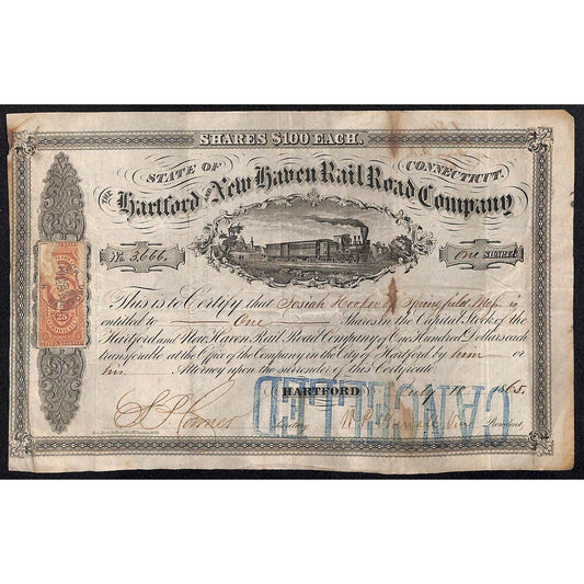 Hartford and New Haven RR 1865 Stock Certificate to: "Josiah Hooker" Springfield