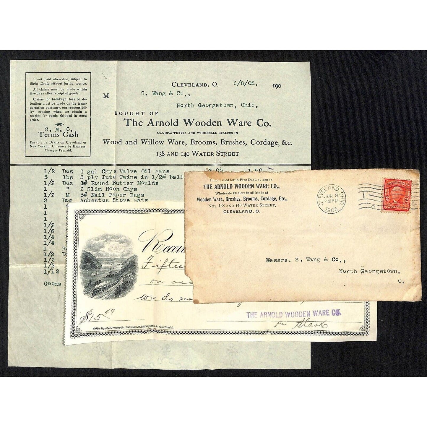 Arnold Wooden Ware Cleveland Samuel Wang Co* N. Georgetown 1905 Billhead & Cover