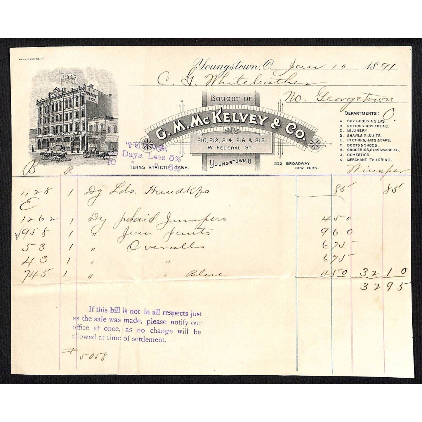 G.M. McKelvey & Co. Broadway NYC 1891 Billhead Whiteleather* N. Georgetown Ohio