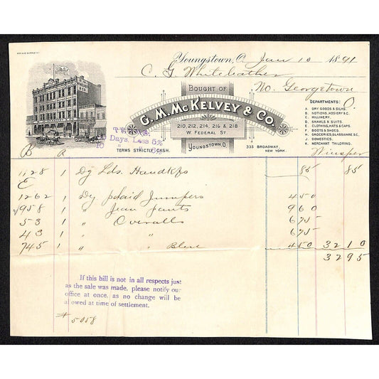 G.M. McKelvey & Co. Broadway NYC 1891 Billhead Whiteleather* N. Georgetown Ohio