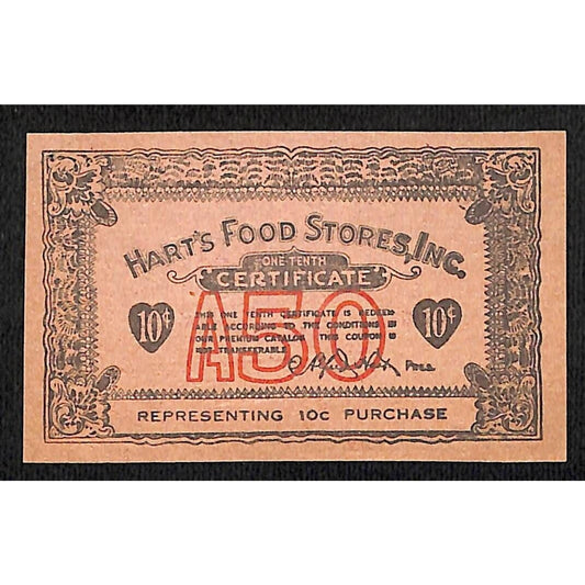 Hart's Food Stores (Hilton, NY) 10c Food Coupon / Certificate c1940's VGC