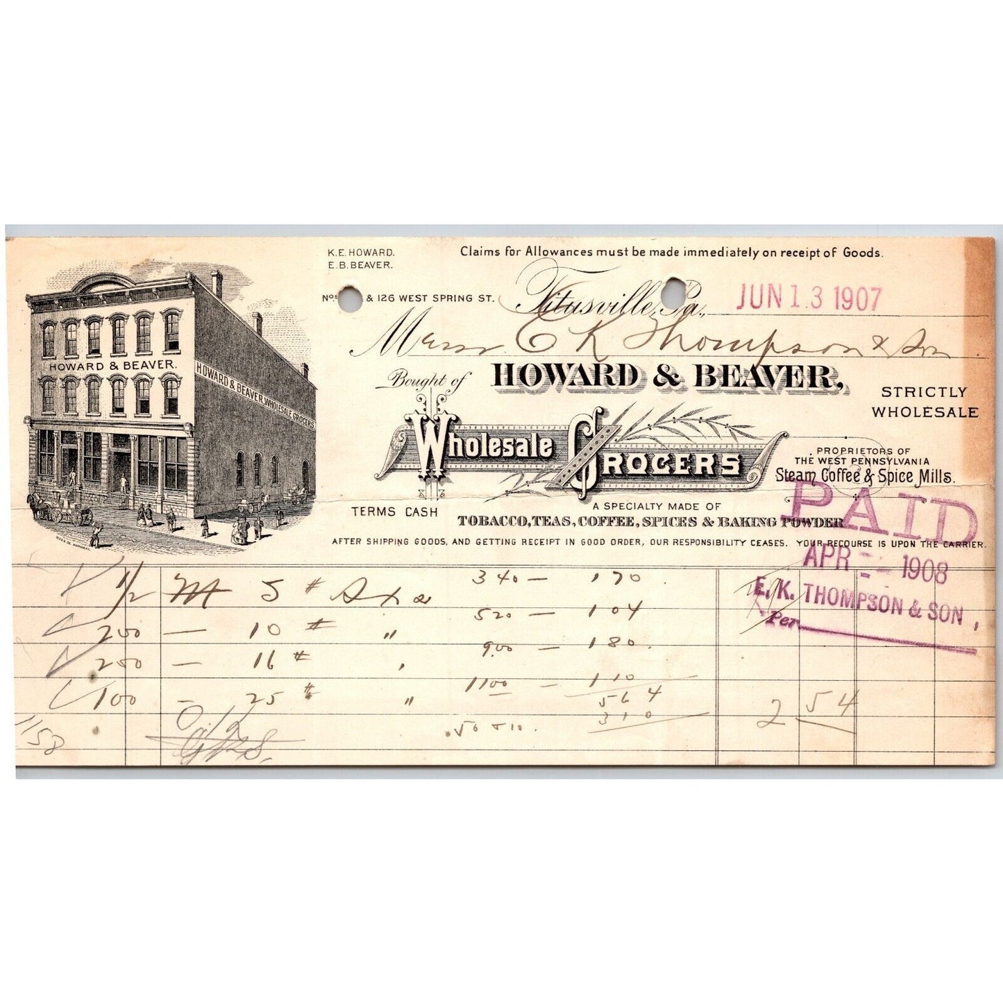 Howard & Beaver Grocers Titusville, PA 1908 Billhead VGC Scarce Vignette
