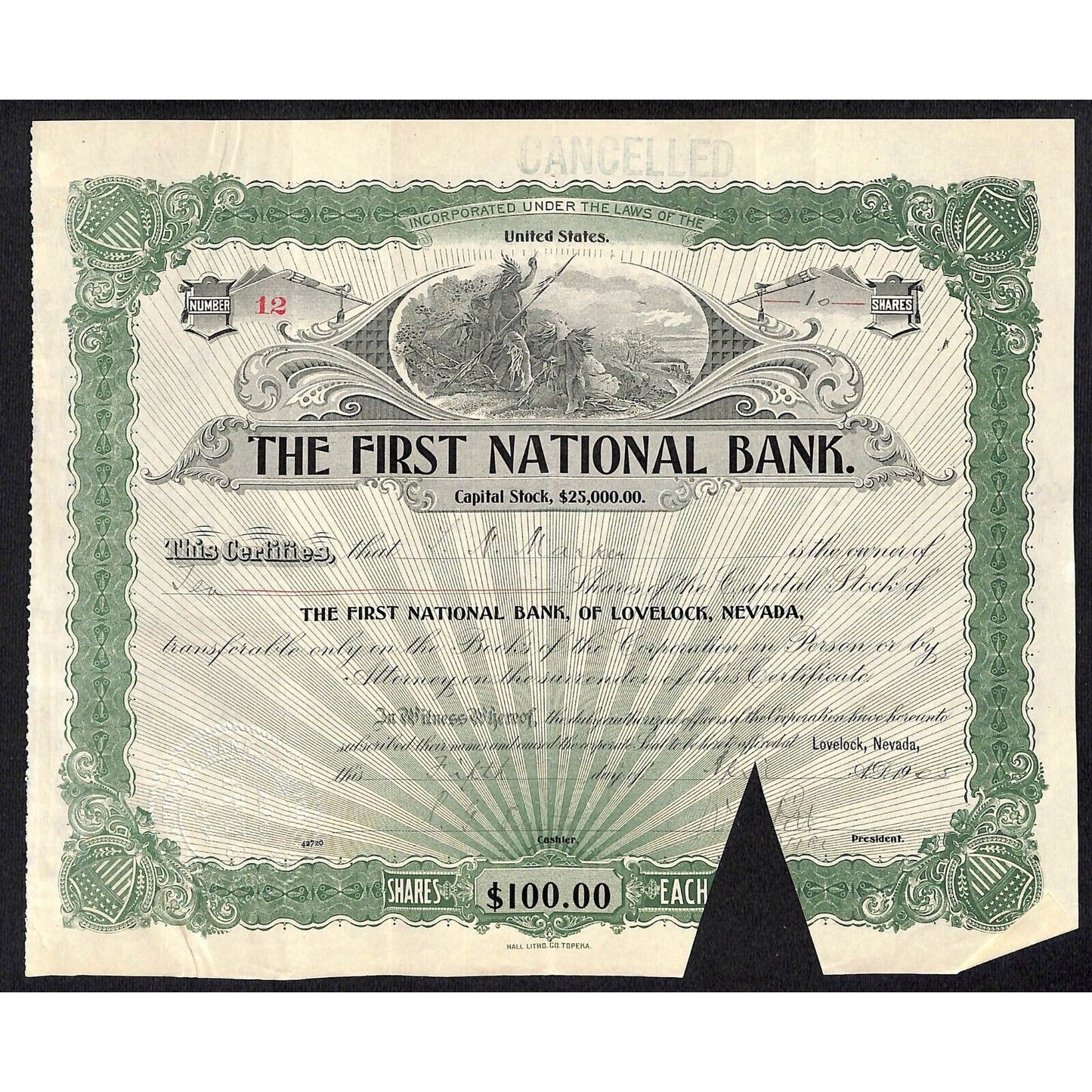 First National Bank of Lovelock, NV 1905 Stock Certificate to L.N. Macken ?