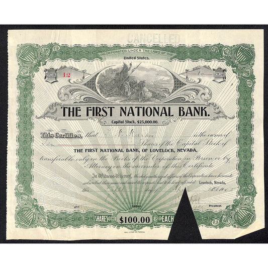 First National Bank of Lovelock, NV 1905 Stock Certificate to L.N. Macken ?