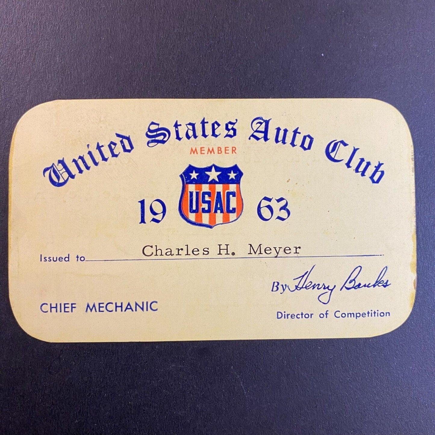 1963 USAC Chief Mechanic Membership Card "Charles Henry Meyer" VGC