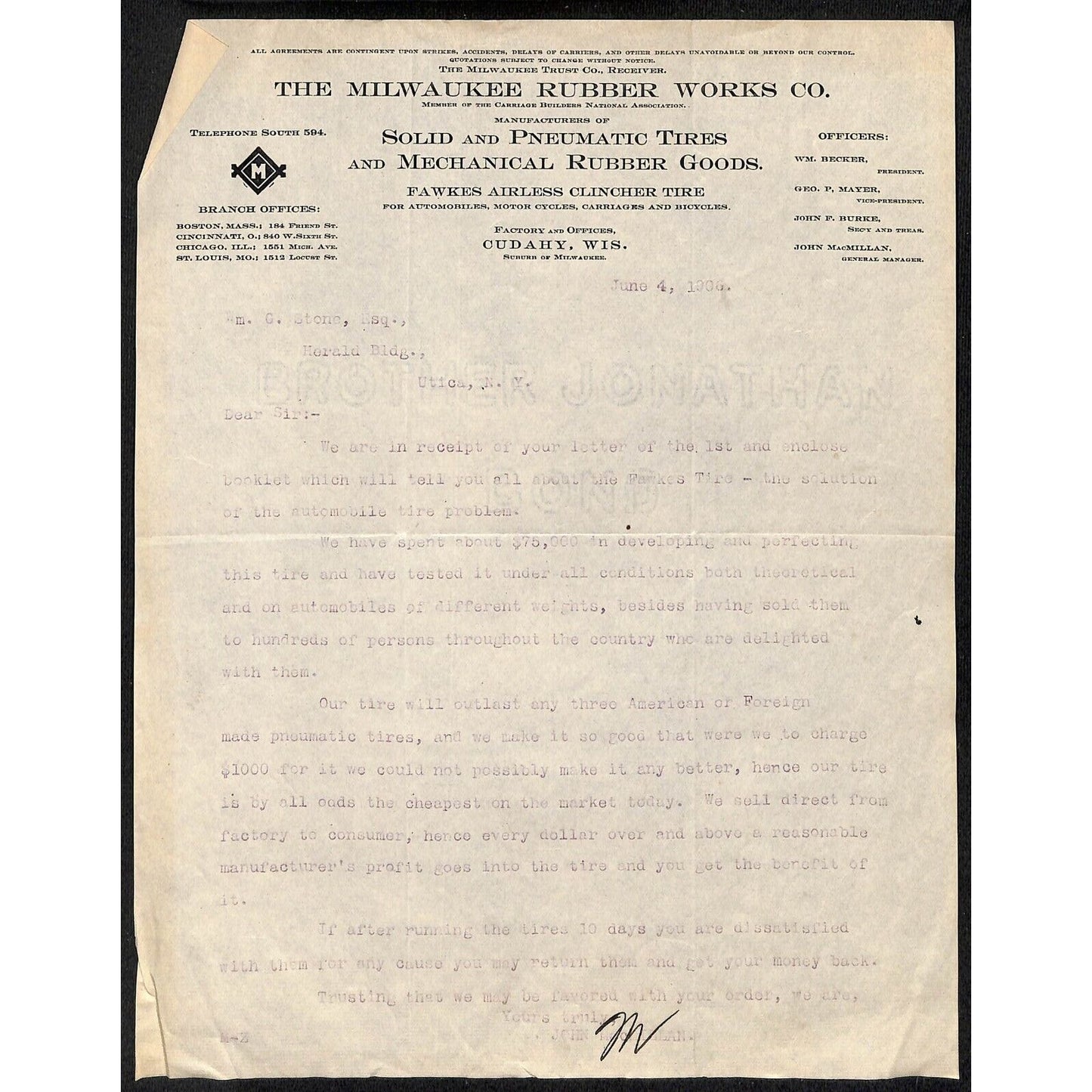 Milwaukee Rubber Works Cudahy, WI 1906 TLS Letterhead re: Fawkes Tires