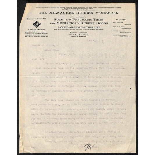 Milwaukee Rubber Works Cudahy, WI 1906 TLS Letterhead re: Fawkes Tires