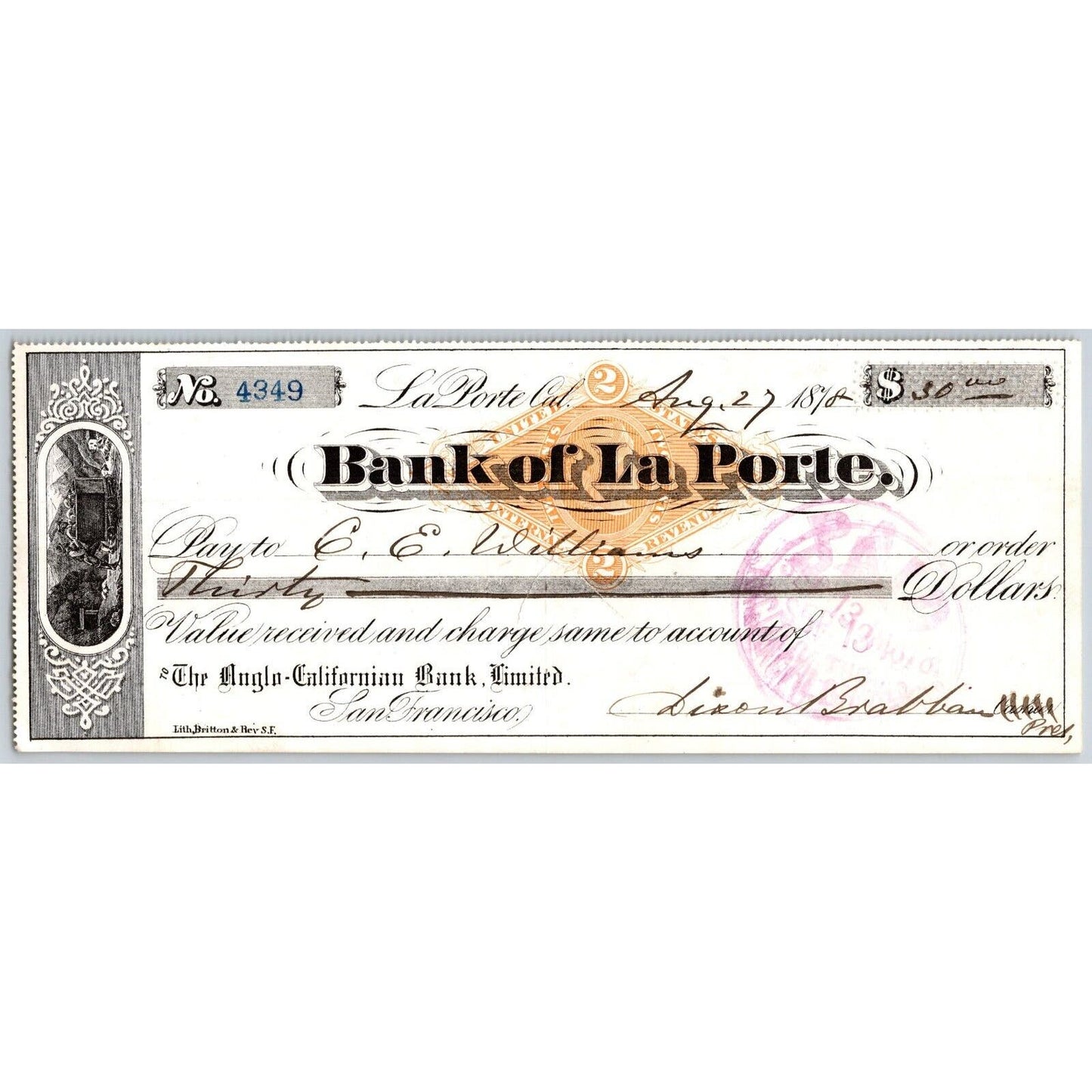 Bank of La Porte Check C.E. Williams 1878 Mining Vignette RN-G1 Rev Stamp 4349