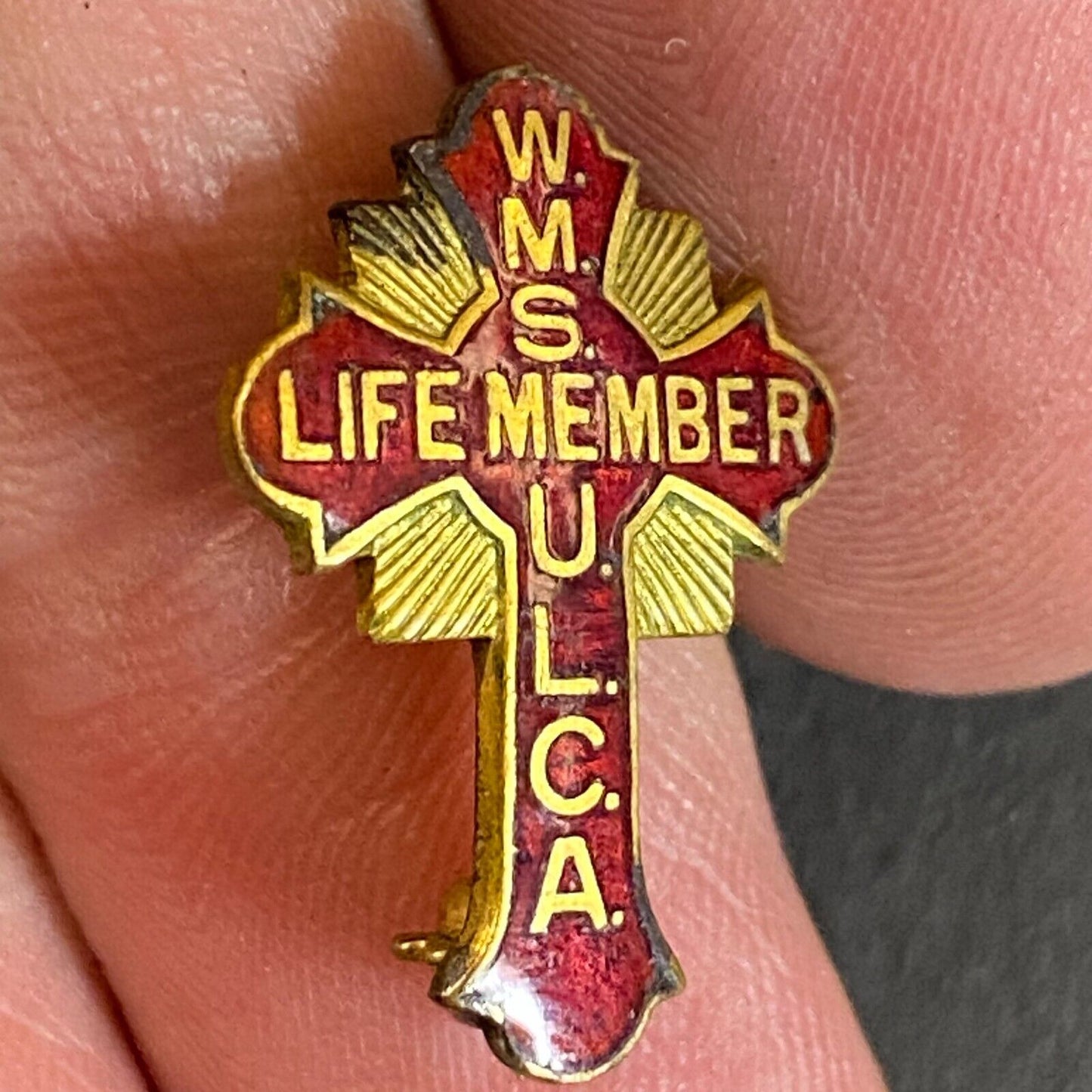 W.M.S. U.C.L.A. Women's Missionary Society Cross Color Enameled Lapel Pin 20mm