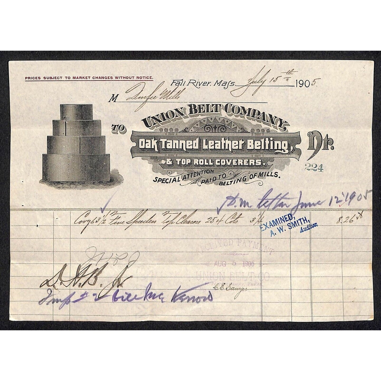 Union Belt Co. "Oak Trimmed Leather Belting" Fall River, MA 1905 Billhead
