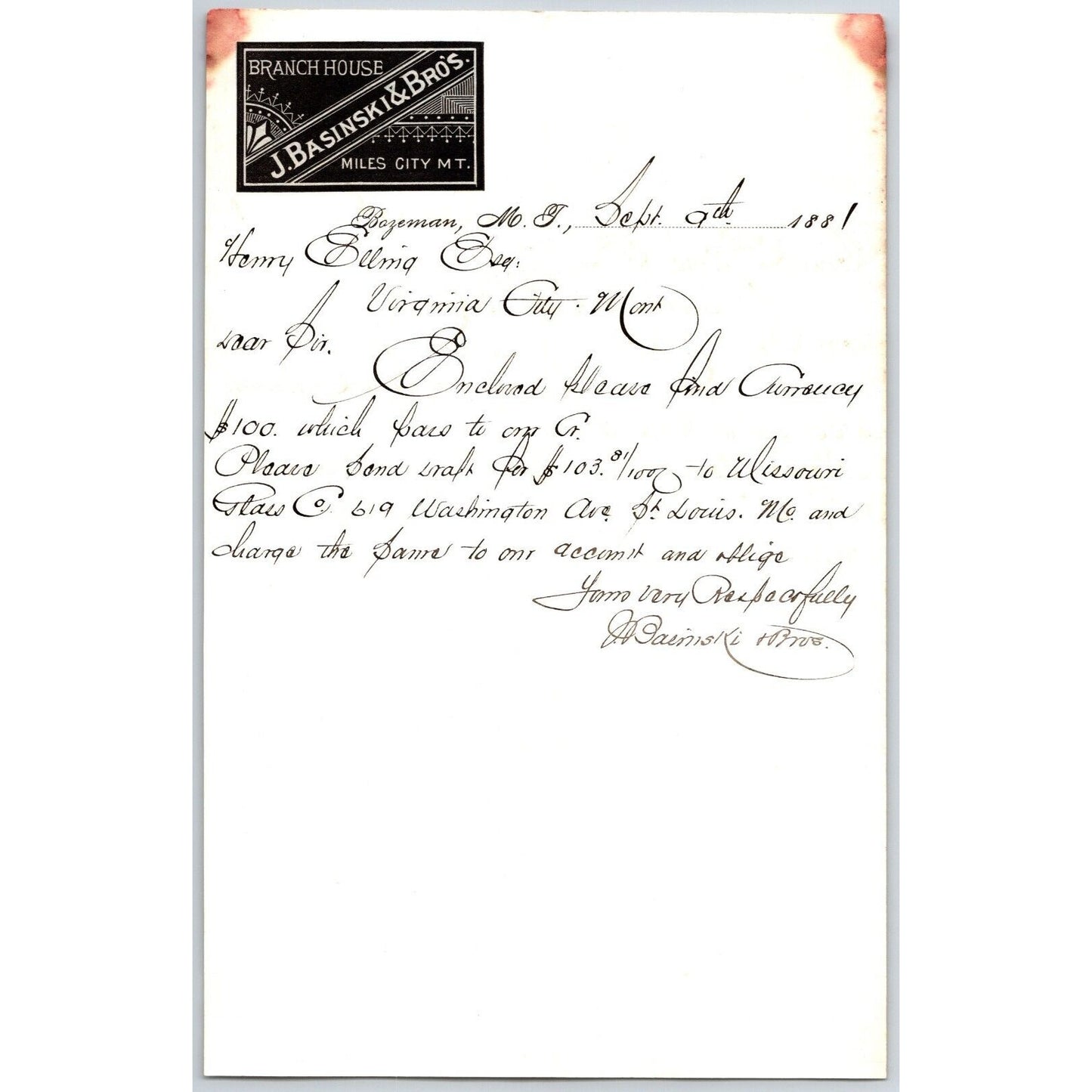 J. Basinski & Bros. Bozeman, MT (Dry Goods) 9/9 1881 Letterhead Henry Elling*