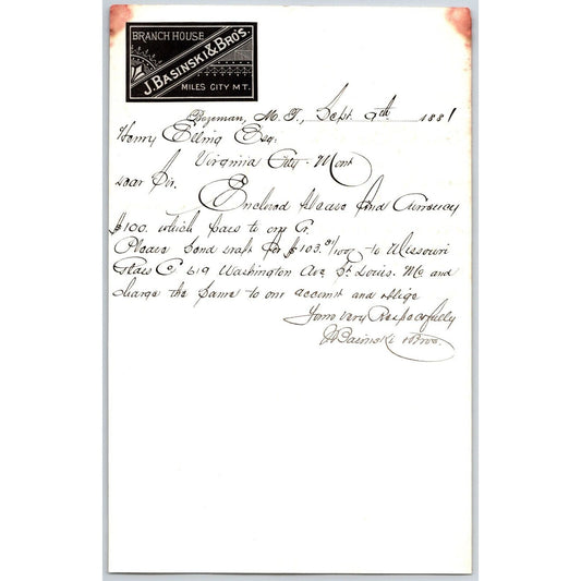 J. Basinski & Bros. Bozeman, MT (Dry Goods) 9/9 1881 Letterhead Henry Elling*