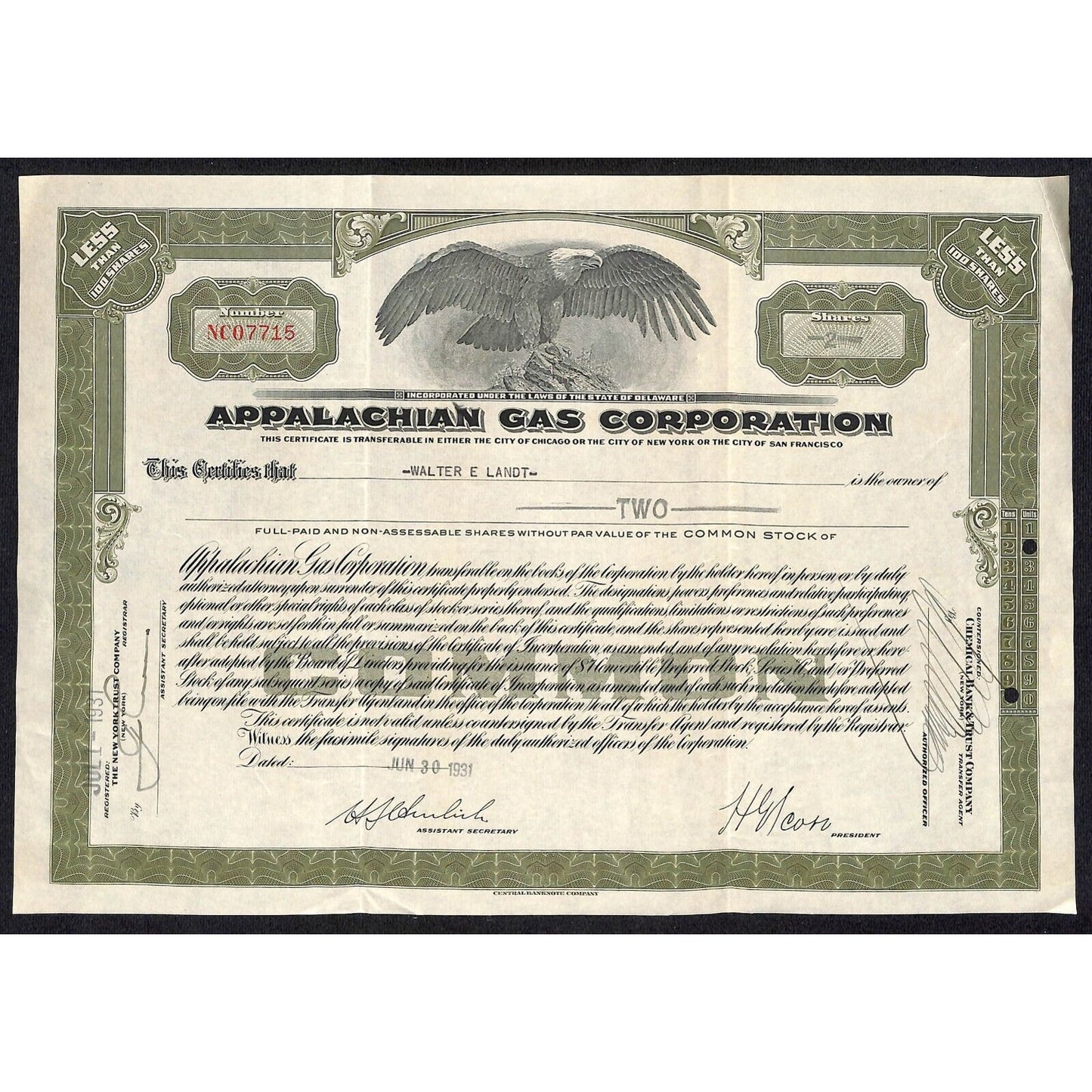 Appalachian Gas Corporation San Francisco 1931 Stock Certificate Walter E. Landt