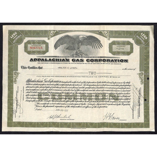 Appalachian Gas Corporation San Francisco 1931 Stock Certificate Walter E. Landt
