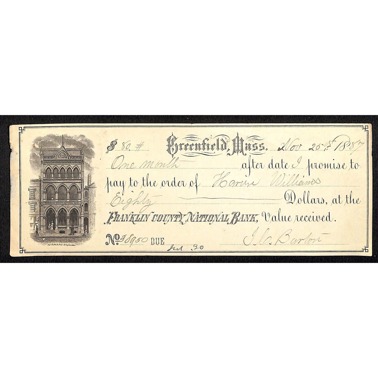 1887 Franklin County National Bank Greenfield, MA Promissory - Harwin Williams ?