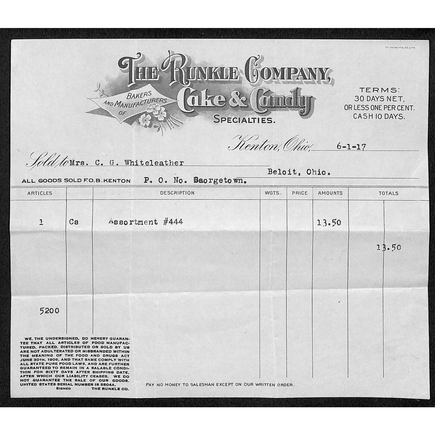 The Runkle Co. Cake Candy Kenton 1917 Billhead Whiteleather* N. Georgetown , OH