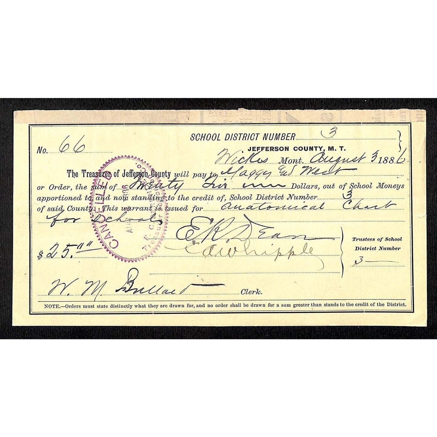 1886 Jefferson County Montana Territory School Warrant for "Anatomical Chart"